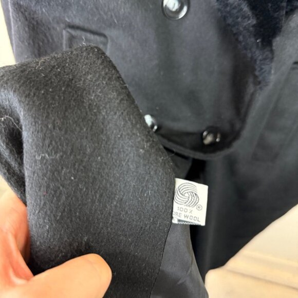 Vintage 80s Peacoat Black Wool Faux Fur Long Coat Womans Large Double Breasted - Picture 6 of 6